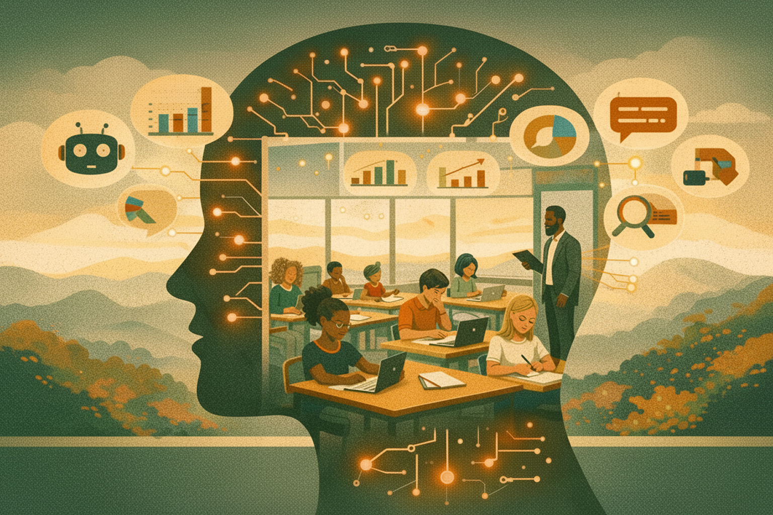 A illustrated silhouette of a human head overlaid on a classroom scene, with students working at desks and a teacher observing, surrounded by AI and data icons representing analytics, charts, and insights — symbolizing how AI reveals student understanding in real time.