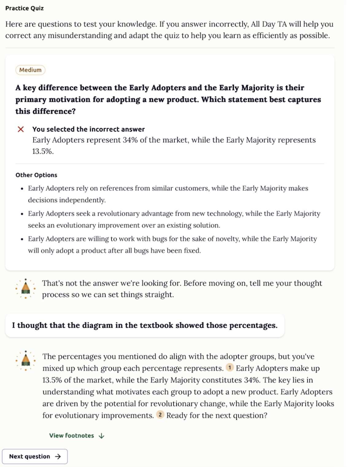 Screenshot of All Day TA's Intelligent Quiz interface showing a conversational exchange where the AI tutor asks a student to explain their reasoning after answering a practice quiz question incorrectly.