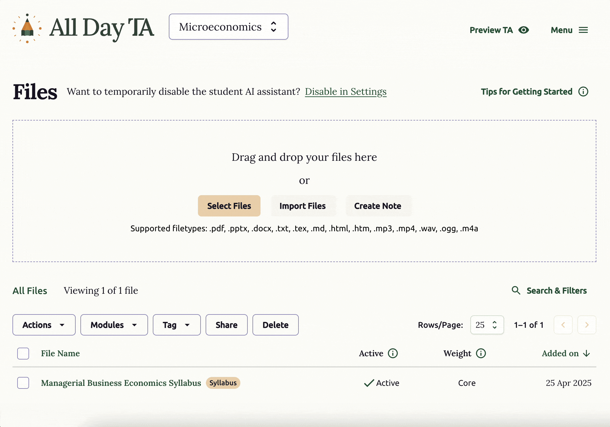 Animation showing a user uploading course files. The interface displays a drag-and-drop area where syllabus and course materials are being added to the system.